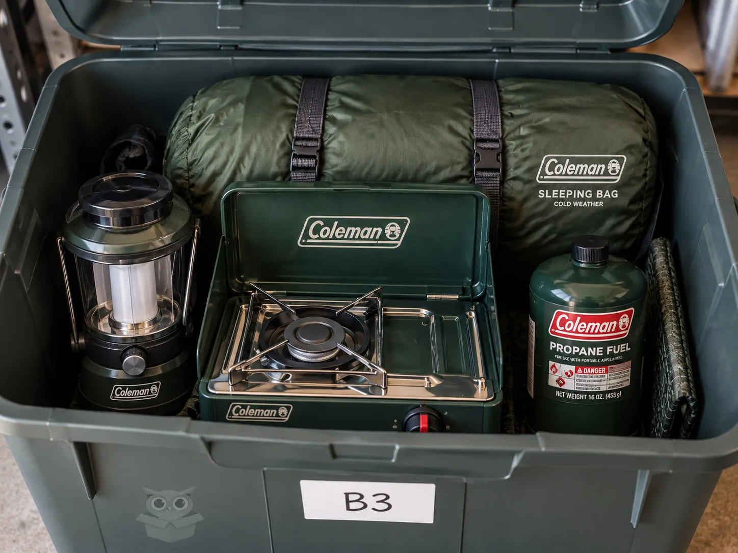 Camping gear stored inside Box B3